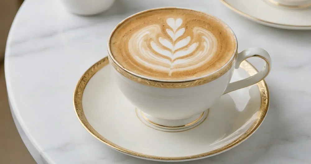 Cappuccino avec latte art dans une tasse à liseré doré